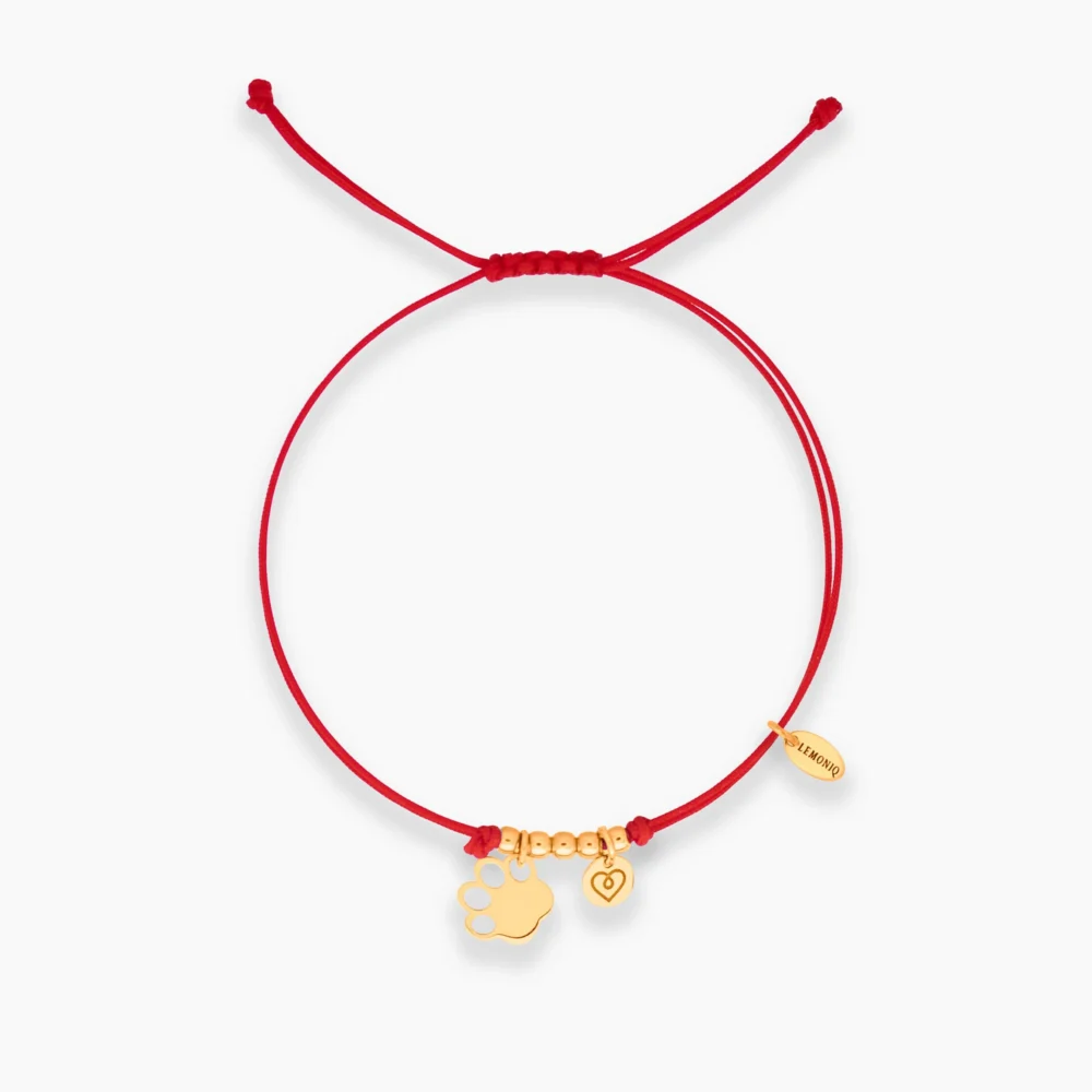 Czerwona bransoletka na sznurku z łapką psa - srebro pozłacane 925