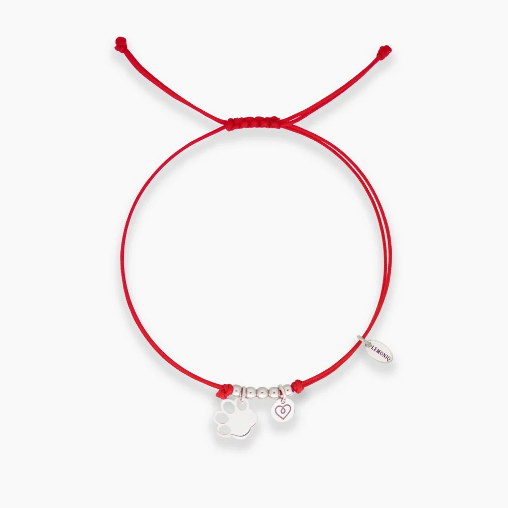 bransoletka z łapką psa na czerwonym sznurku - łapka wykonana ze srebra